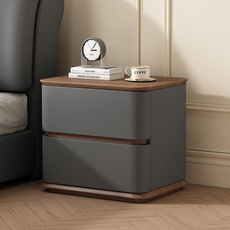 Modern Luxury Solid Wood Cat Scratch Leather Metal Rounded Square Nightstand With 2 Drawers For Bedroom