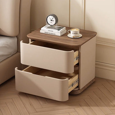Modern Luxury Solid Wood Cat Scratch Leather Metal Rounded Square Nightstand With 2 Drawers For Bedroom