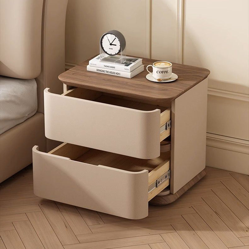 Modern Luxury Solid Wood Cat Scratch Leather Metal Rounded Square Nightstand With 2 Drawers For Bedroom