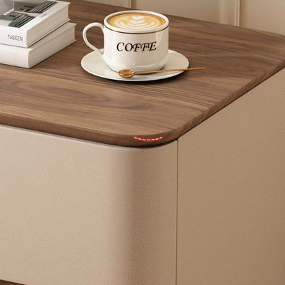 Modern Luxury Solid Wood Cat Scratch Leather Metal Rounded Square Nightstand With 2 Drawers For Bedroom