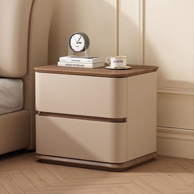 Modern Luxury Solid Wood Cat Scratch Leather Metal Rounded Square Nightstand With 2 Drawers For Bedroom