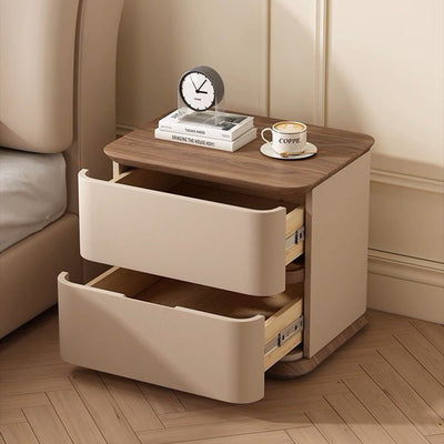 Modern Luxury Solid Wood Cat Scratch Leather Metal Rounded Square Nightstand With 2 Drawers For Bedroom