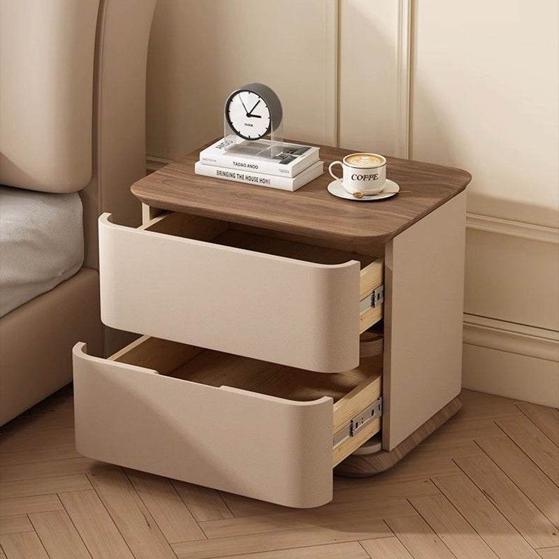 Modern Luxury Solid Wood Cat Scratch Leather Metal Rounded Square Nightstand With 2 Drawers For Bedroom