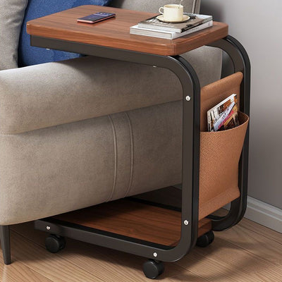 Contemporary Scandinavian Wood Steel C-Shaped Rectangular Side Table With 2 Tiers For Living Room