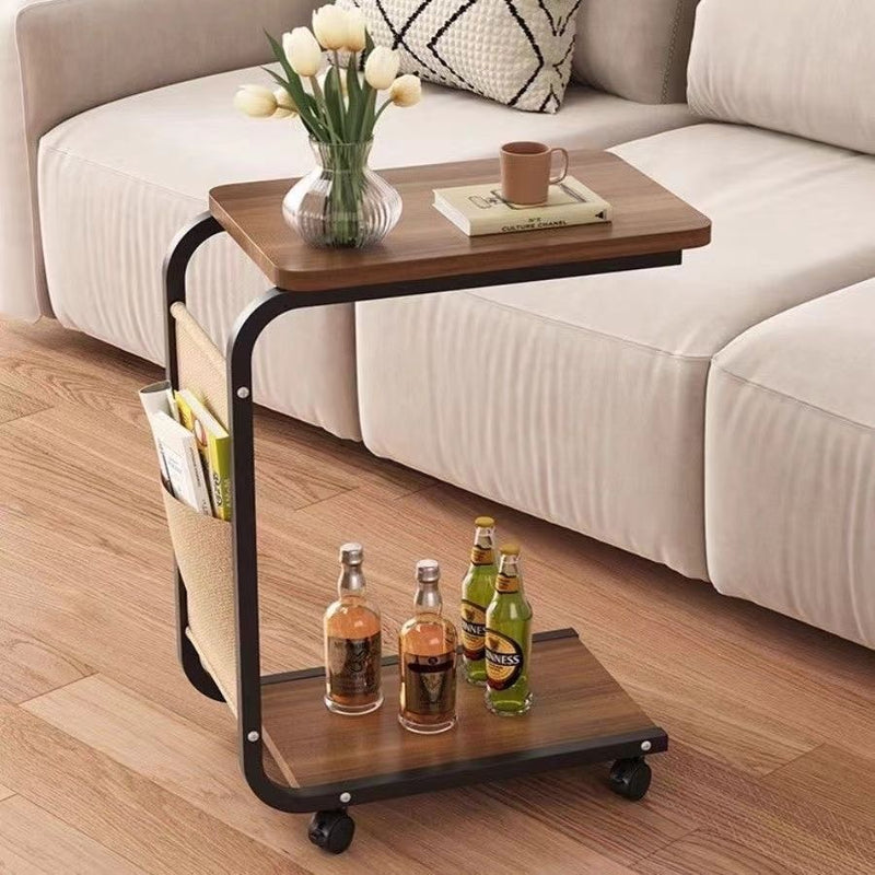 Contemporary Scandinavian Wood Steel C-Shaped Rectangular Side Table With 2 Tiers For Living Room