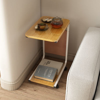 Contemporary Scandinavian Wood Steel C-Shaped Rectangular Side Table With 2 Tiers For Living Room