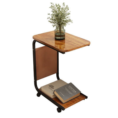 Contemporary Scandinavian Wood Steel C-Shaped Rectangular Side Table With 2 Tiers For Living Room