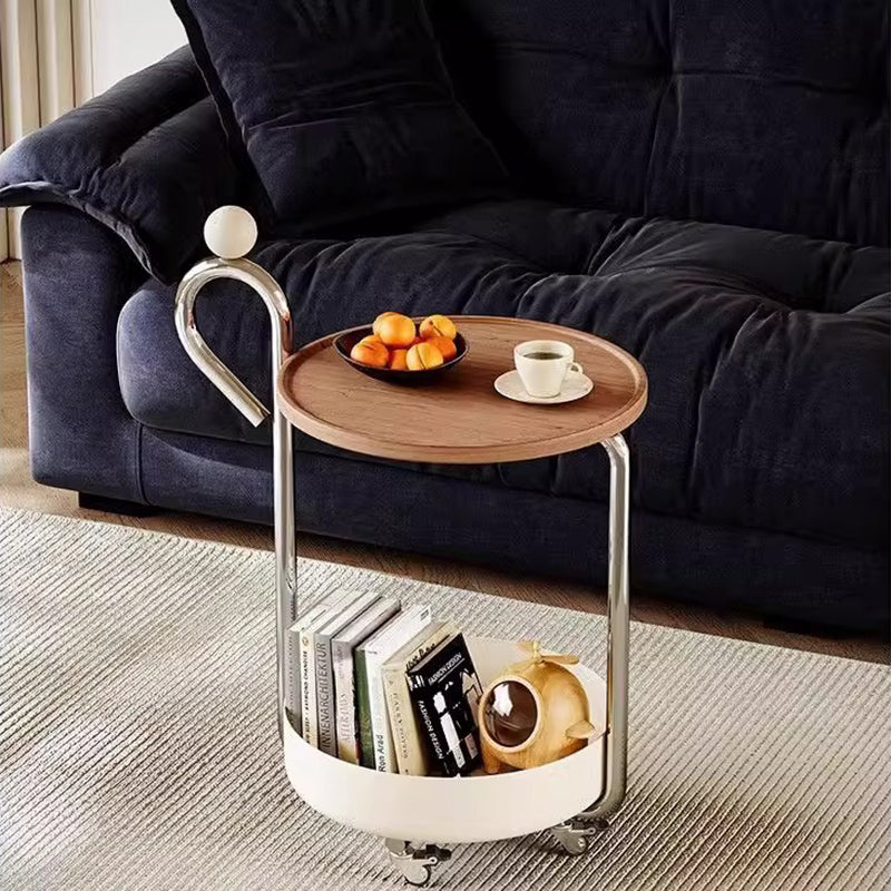 Traditional Chinese Medium Density Fiberboard Metal Round Cylindrical Side Table With 2 Tiers For Living Room