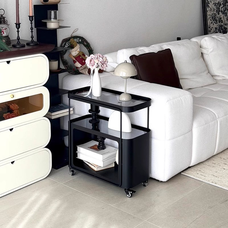 Mesa auxiliar rectangular redondeada de metal y vidrio francés tradicional con 3 niveles para sala de estar 