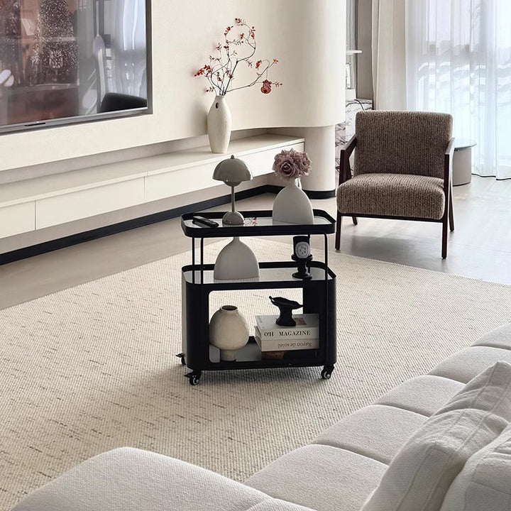 Table d'appoint rectangulaire arrondie mobile en verre et métal de style français traditionnel avec 3 niveaux pour salon 