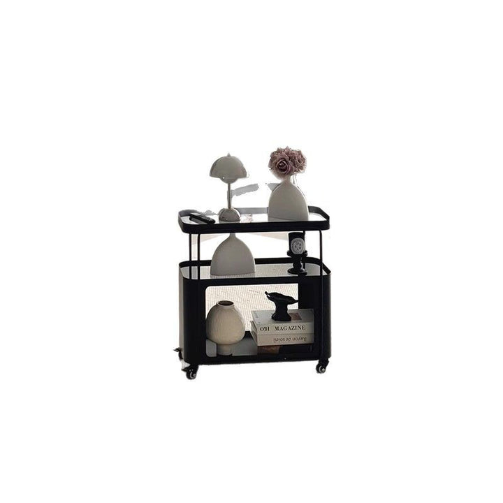 Mesa auxiliar rectangular redondeada de metal y vidrio francés tradicional con 3 niveles para sala de estar 