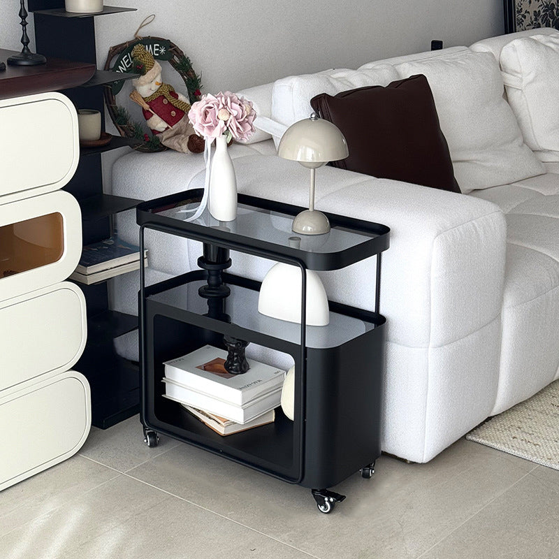 Mesa auxiliar rectangular redondeada de metal y vidrio francés tradicional con 3 niveles para sala de estar 