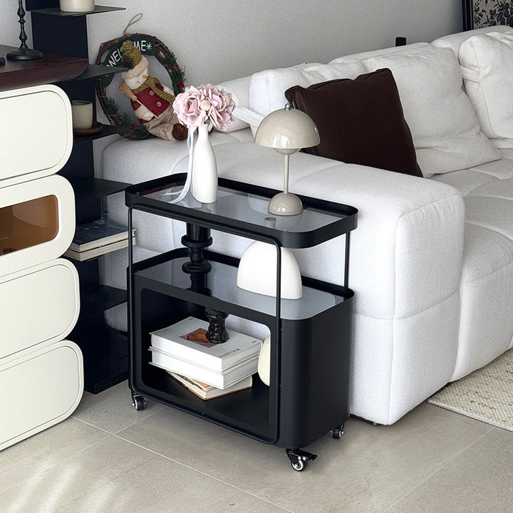 Table d'appoint rectangulaire arrondie mobile en verre et métal de style français traditionnel avec 3 niveaux pour salon 