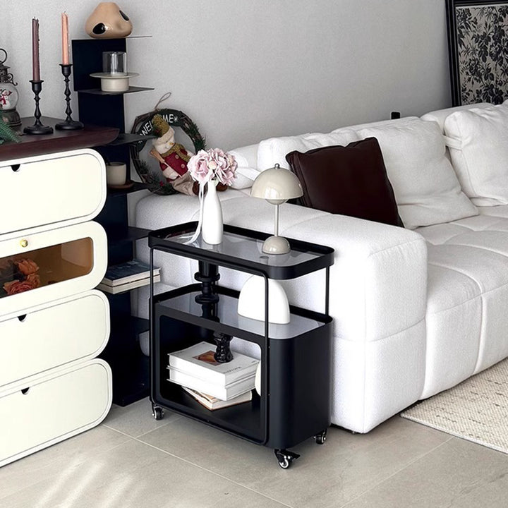 Mesa auxiliar rectangular redondeada de metal y vidrio francés tradicional con 3 niveles para sala de estar 