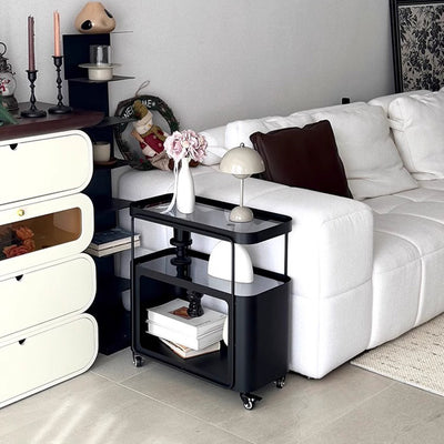 Traditional French Metal Glass Movable Rounded Rectangular Side Table With 3 Tiers For Living Room