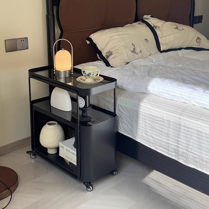 Mesa auxiliar rectangular redondeada de metal y vidrio francés tradicional con 3 niveles para sala de estar 