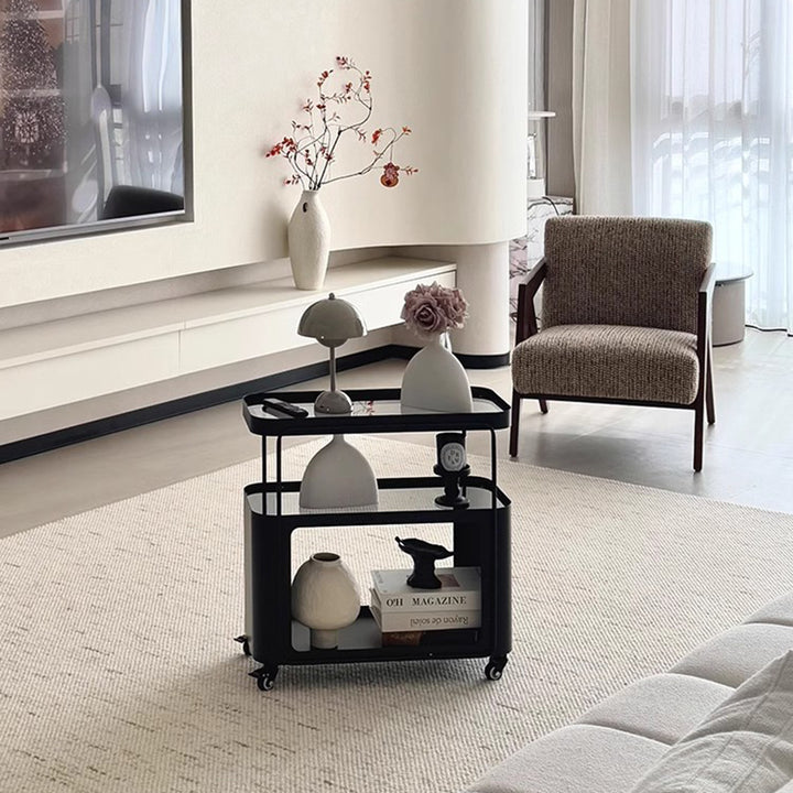 Mesa auxiliar rectangular redondeada de metal y vidrio francés tradicional con 3 niveles para sala de estar 