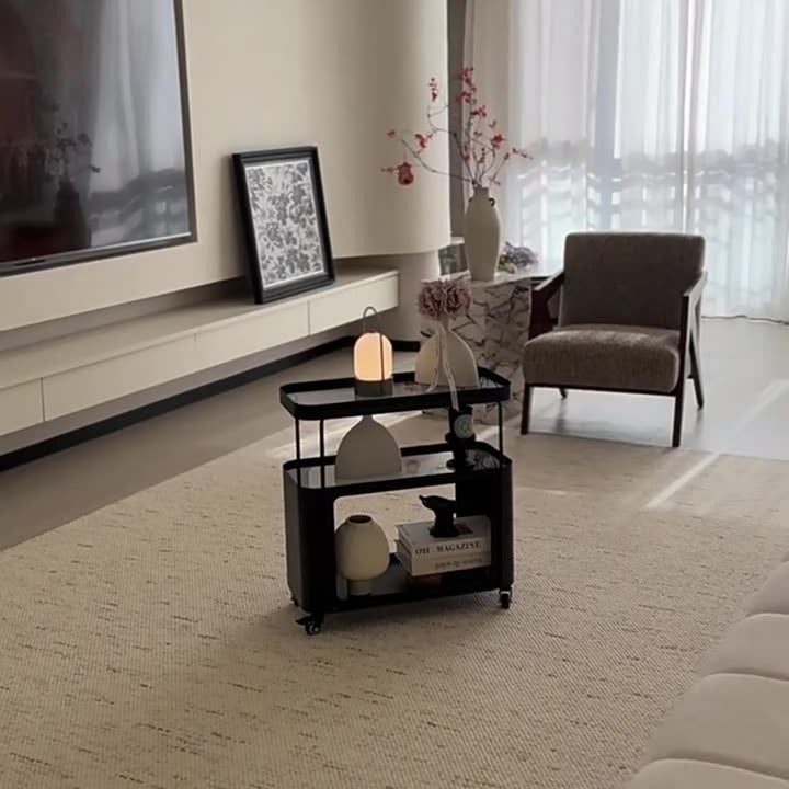 Mesa auxiliar rectangular redondeada de metal y vidrio francés tradicional con 3 niveles para sala de estar 