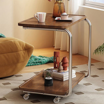 Traditional Chinese Engineered Wood Metal U-Shaped Rectangular Side Table With 2 Tiers For Living Room