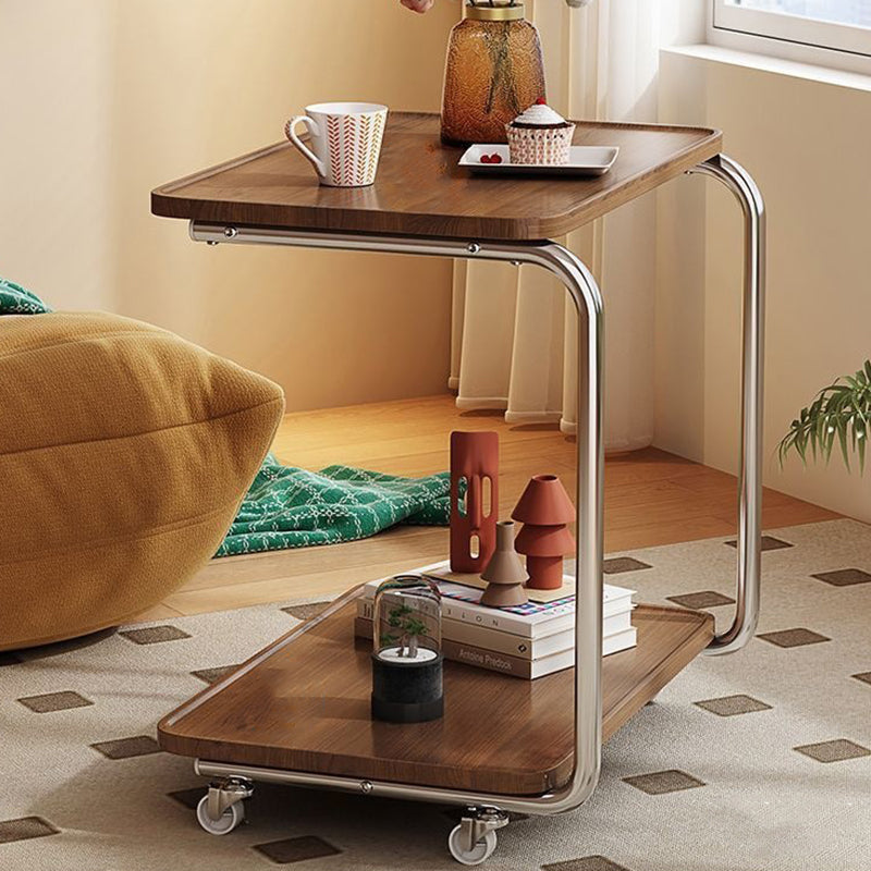 Traditional Chinese Engineered Wood Metal U-Shaped Rectangular Side Table With 2 Tiers For Living Room