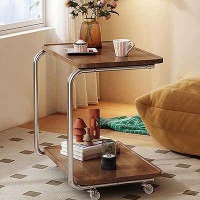 Traditional Chinese Engineered Wood Metal U-Shaped Rectangular Side Table With 2 Tiers For Living Room