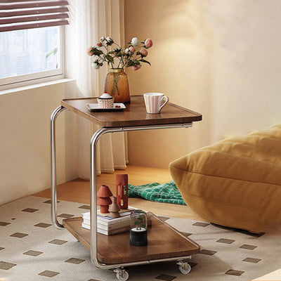 Traditional Chinese Engineered Wood Metal U-Shaped Rectangular Side Table With 2 Tiers For Living Room