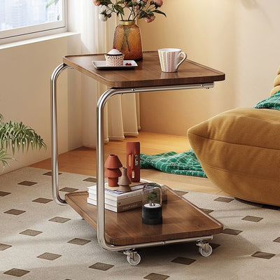 Traditional Chinese Engineered Wood Metal U-Shaped Rectangular Side Table With 2 Tiers For Living Room