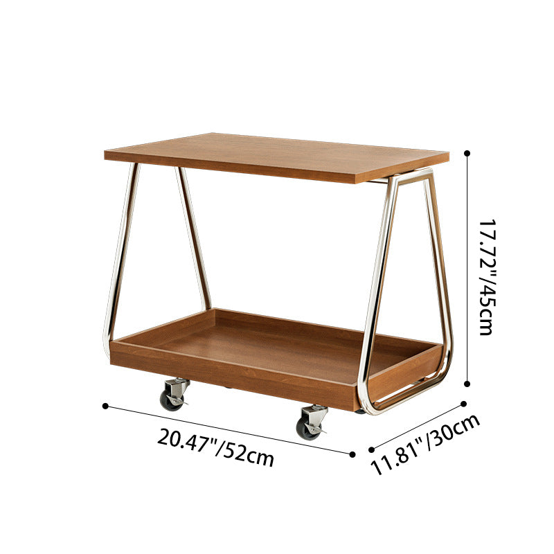 Mesa auxiliar móvil rectangular de madera maciza vintage tradicional con acero inoxidable y 2 niveles para sala de estar 