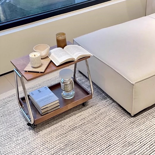 Mesa auxiliar móvil rectangular de madera maciza vintage tradicional con acero inoxidable y 2 niveles para sala de estar 