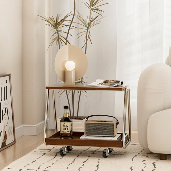 Table d'appoint mobile rectangulaire traditionnelle vintage en bois massif et acier inoxydable avec 2 niveaux pour salon 