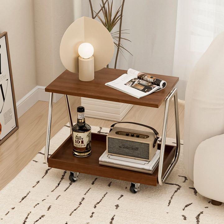 Mesa auxiliar móvil rectangular de madera maciza vintage tradicional con acero inoxidable y 2 niveles para sala de estar 