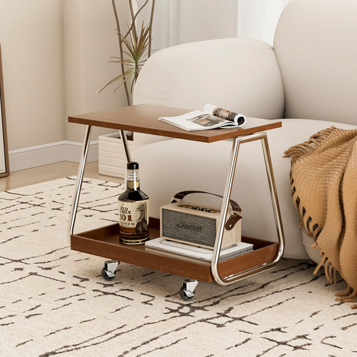 Mesa auxiliar móvil rectangular de madera maciza vintage tradicional con acero inoxidable y 2 niveles para sala de estar 