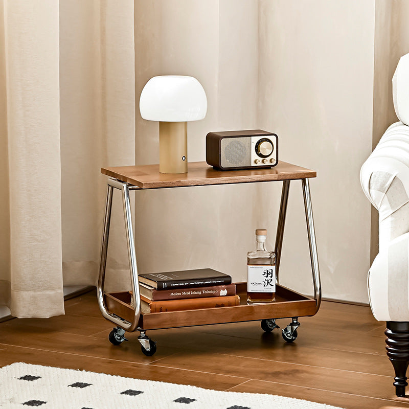 Mesa auxiliar móvil rectangular de madera maciza vintage tradicional con acero inoxidable y 2 niveles para sala de estar 