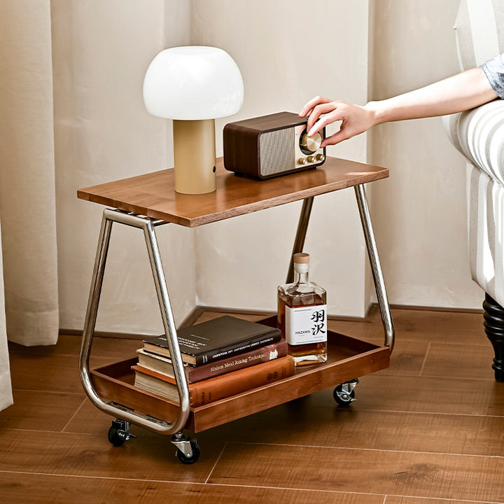 Mesa auxiliar móvil rectangular de madera maciza vintage tradicional con acero inoxidable y 2 niveles para sala de estar 