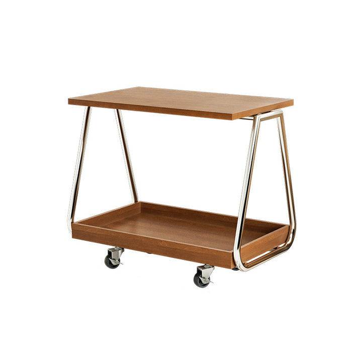 Mesa auxiliar móvil rectangular de madera maciza vintage tradicional con acero inoxidable y 2 niveles para sala de estar 