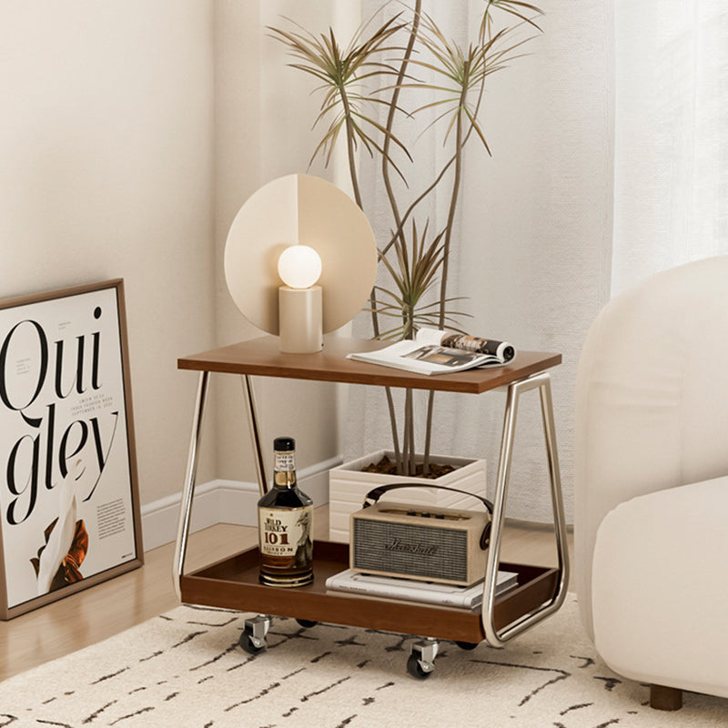 Mesa auxiliar móvil rectangular de madera maciza vintage tradicional con acero inoxidable y 2 niveles para sala de estar 