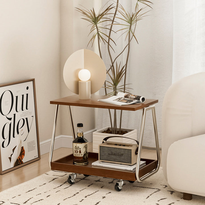 Mesa auxiliar móvil rectangular de madera maciza vintage tradicional con acero inoxidable y 2 niveles para sala de estar 