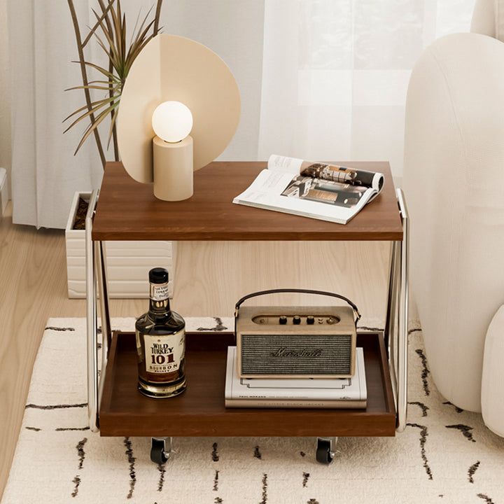 Table d'appoint mobile rectangulaire traditionnelle vintage en bois massif et acier inoxydable avec 2 niveaux pour salon 