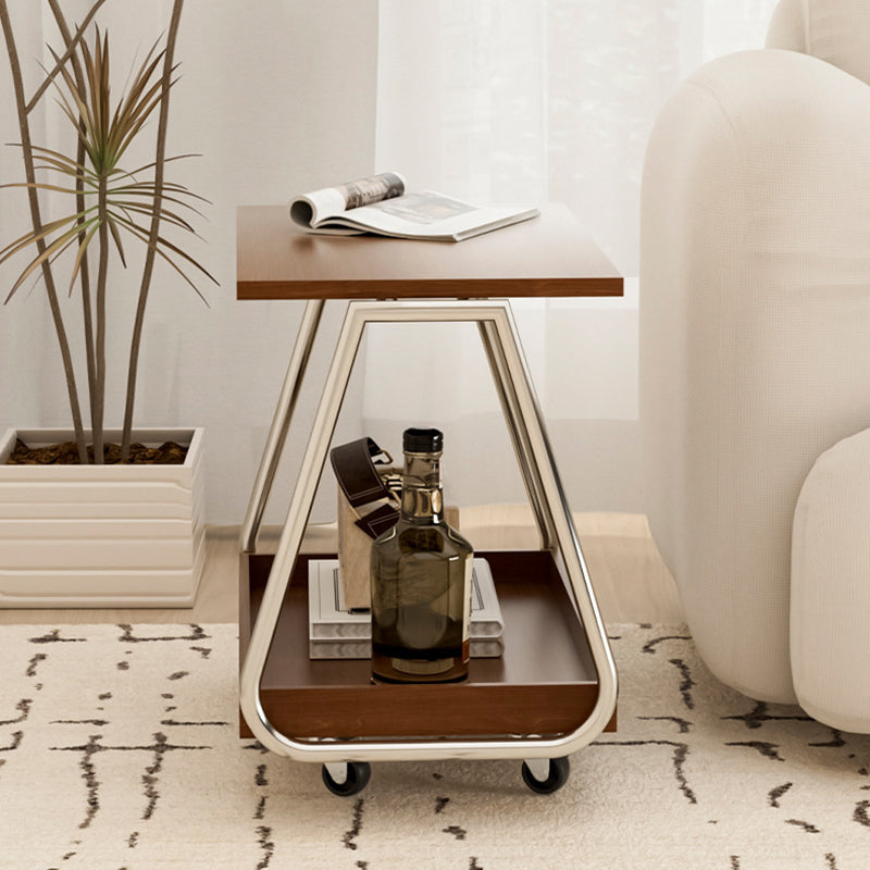 Mesa auxiliar móvil rectangular de madera maciza vintage tradicional con acero inoxidable y 2 niveles para sala de estar 