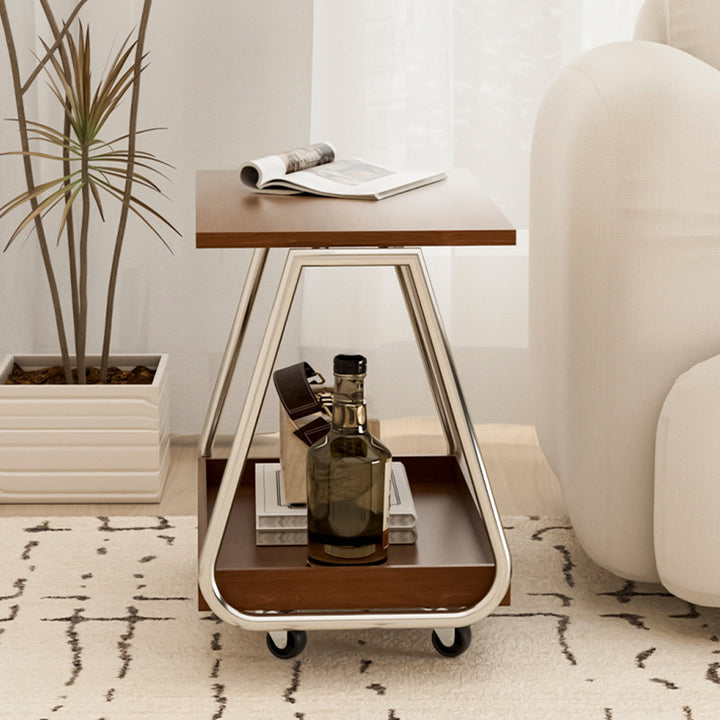 Mesa auxiliar móvil rectangular de madera maciza vintage tradicional con acero inoxidable y 2 niveles para sala de estar 