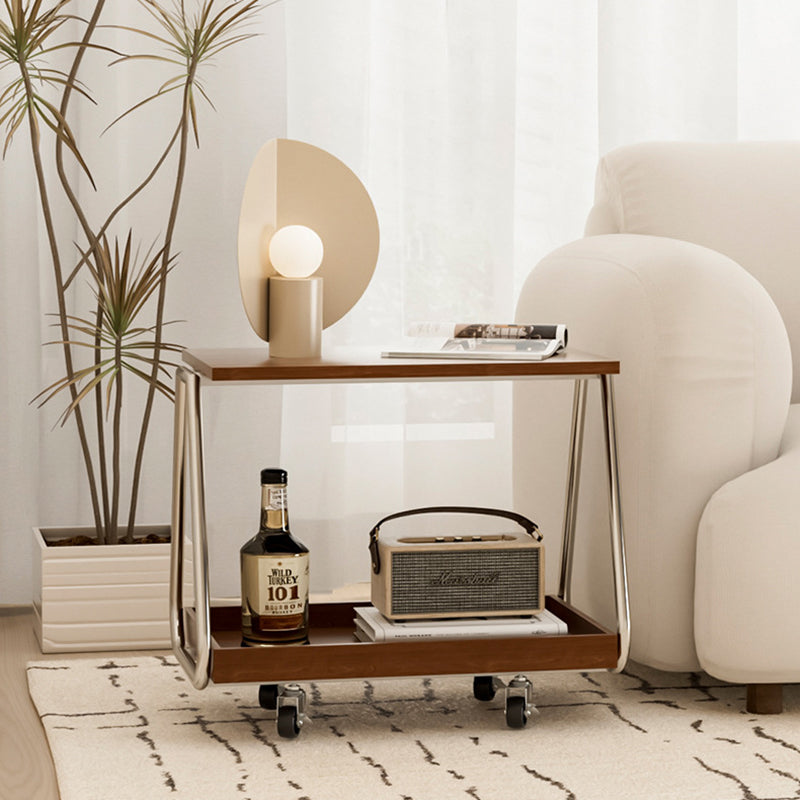 Mesa auxiliar móvil rectangular de madera maciza vintage tradicional con acero inoxidable y 2 niveles para sala de estar 