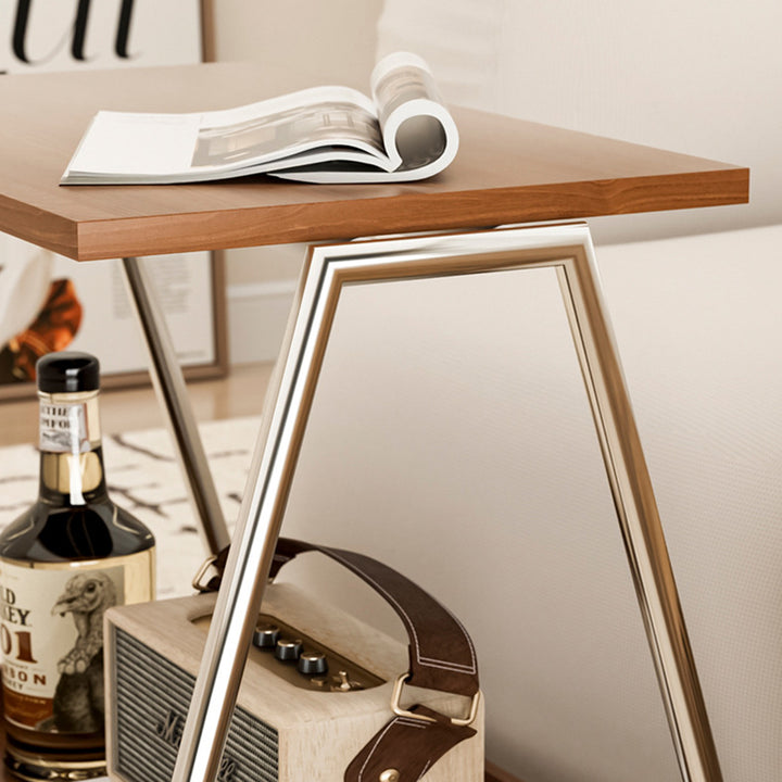 Mesa auxiliar móvil rectangular de madera maciza vintage tradicional con acero inoxidable y 2 niveles para sala de estar 