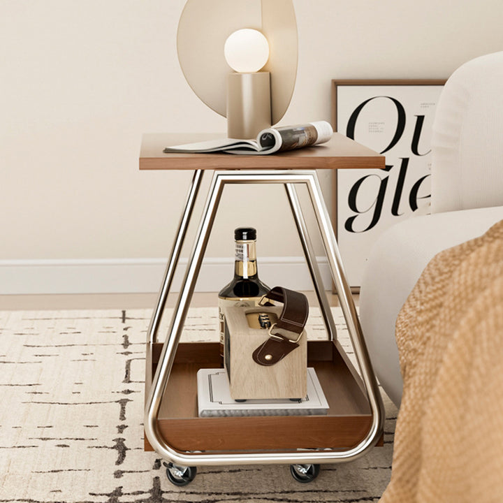 Mesa auxiliar móvil rectangular de madera maciza vintage tradicional con acero inoxidable y 2 niveles para sala de estar 