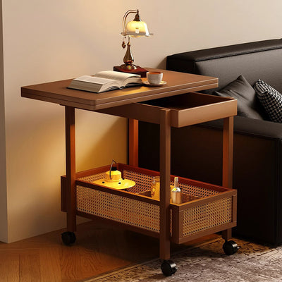 Traditional Chinese Bamboo Composite Board Plastic Rattan Rectangular Foldable Mobile Coffee Table With 1 Tier For Living Room