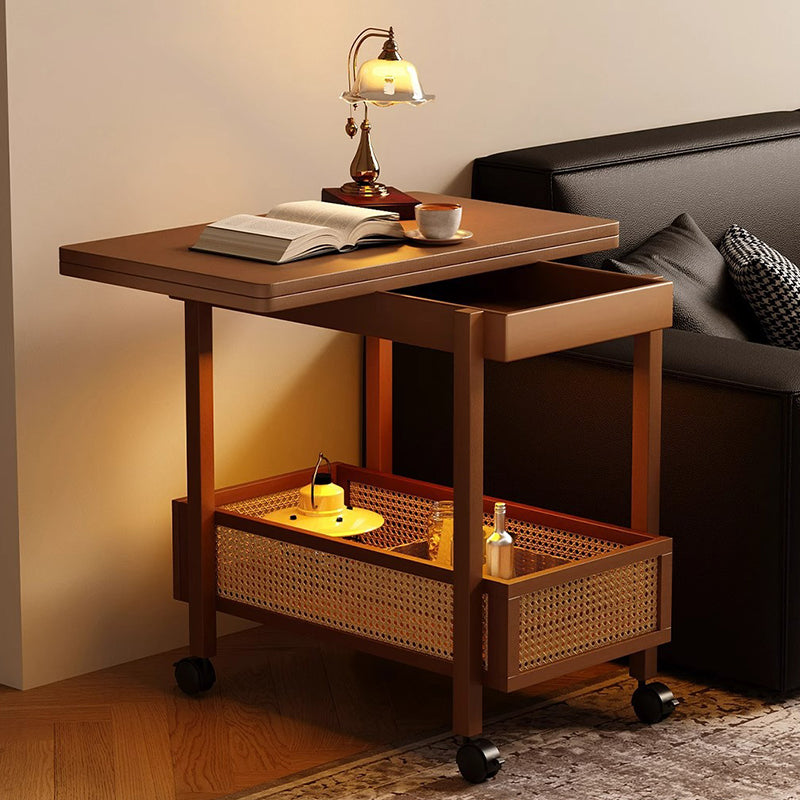 Traditional Chinese Bamboo Composite Board Plastic Rattan Rectangular Foldable Mobile Coffee Table With 1 Tier For Living Room