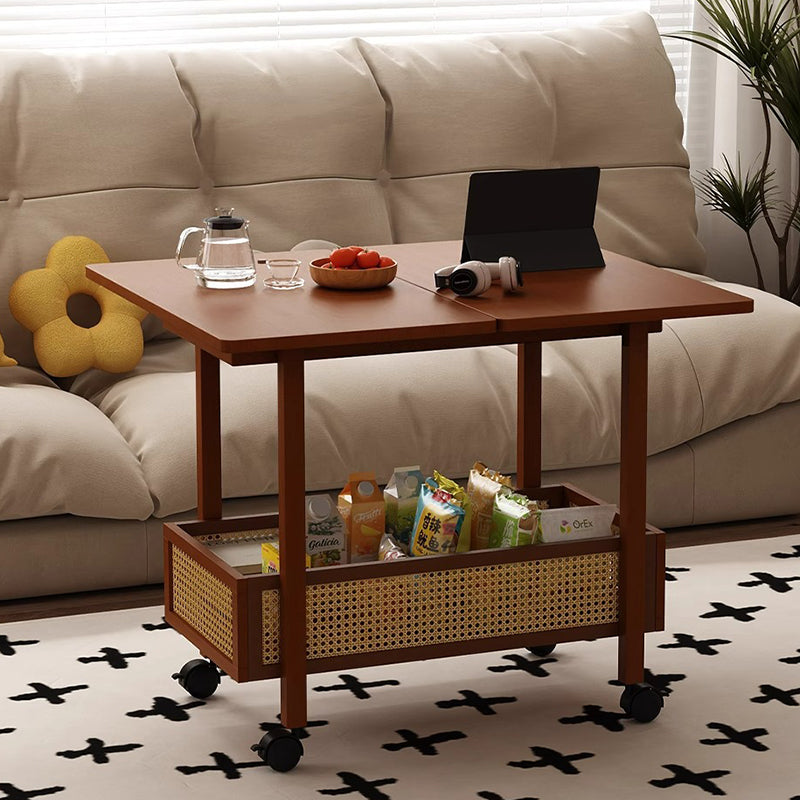 Traditional Chinese Bamboo Composite Board Plastic Rattan Rectangular Foldable Mobile Coffee Table With 1 Tier For Living Room