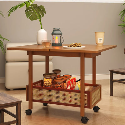 Traditional Chinese Bamboo Composite Board Plastic Rattan Rectangular Foldable Mobile Coffee Table With 1 Tier For Living Room