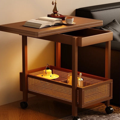 Traditional Chinese Bamboo Composite Board Plastic Rattan Rectangular Foldable Mobile Coffee Table With 1 Tier For Living Room