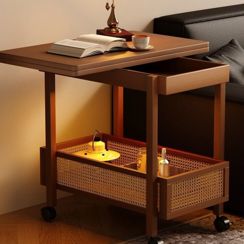 Traditional Chinese Bamboo Composite Board Plastic Rattan Rectangular Foldable Mobile Coffee Table With 1 Tier For Living Room