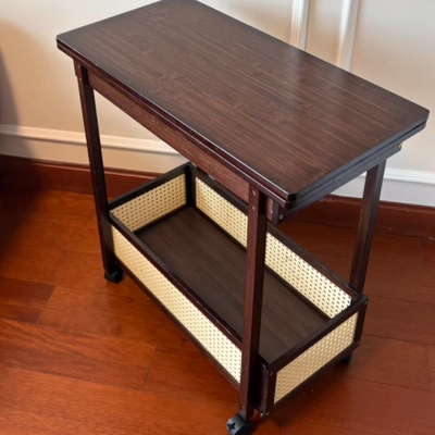 Traditional Chinese Bamboo Composite Board Plastic Rattan Rectangular Foldable Mobile Coffee Table With 1 Tier For Living Room